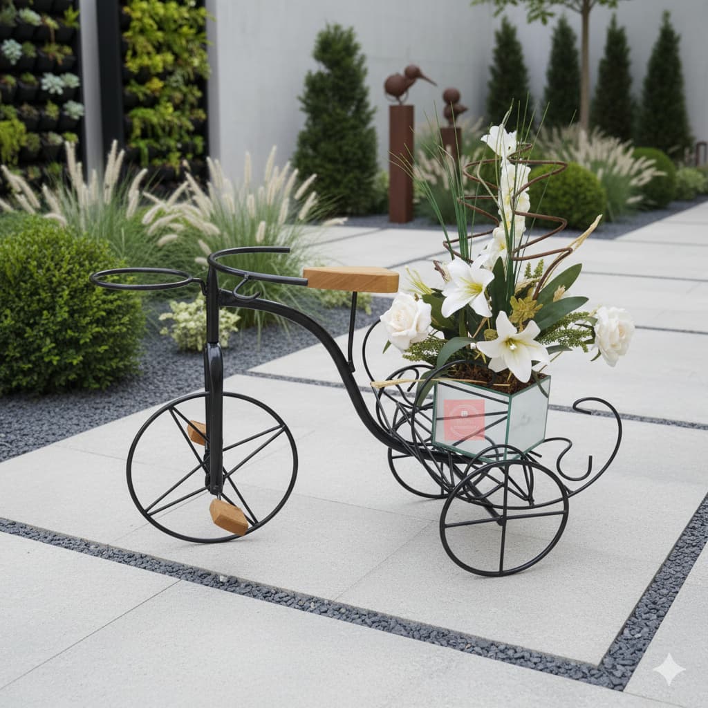 Bicicleta Para Jardim com Suporte para Flores e Livros em Ferro e Madeira Preta e Branco Grande