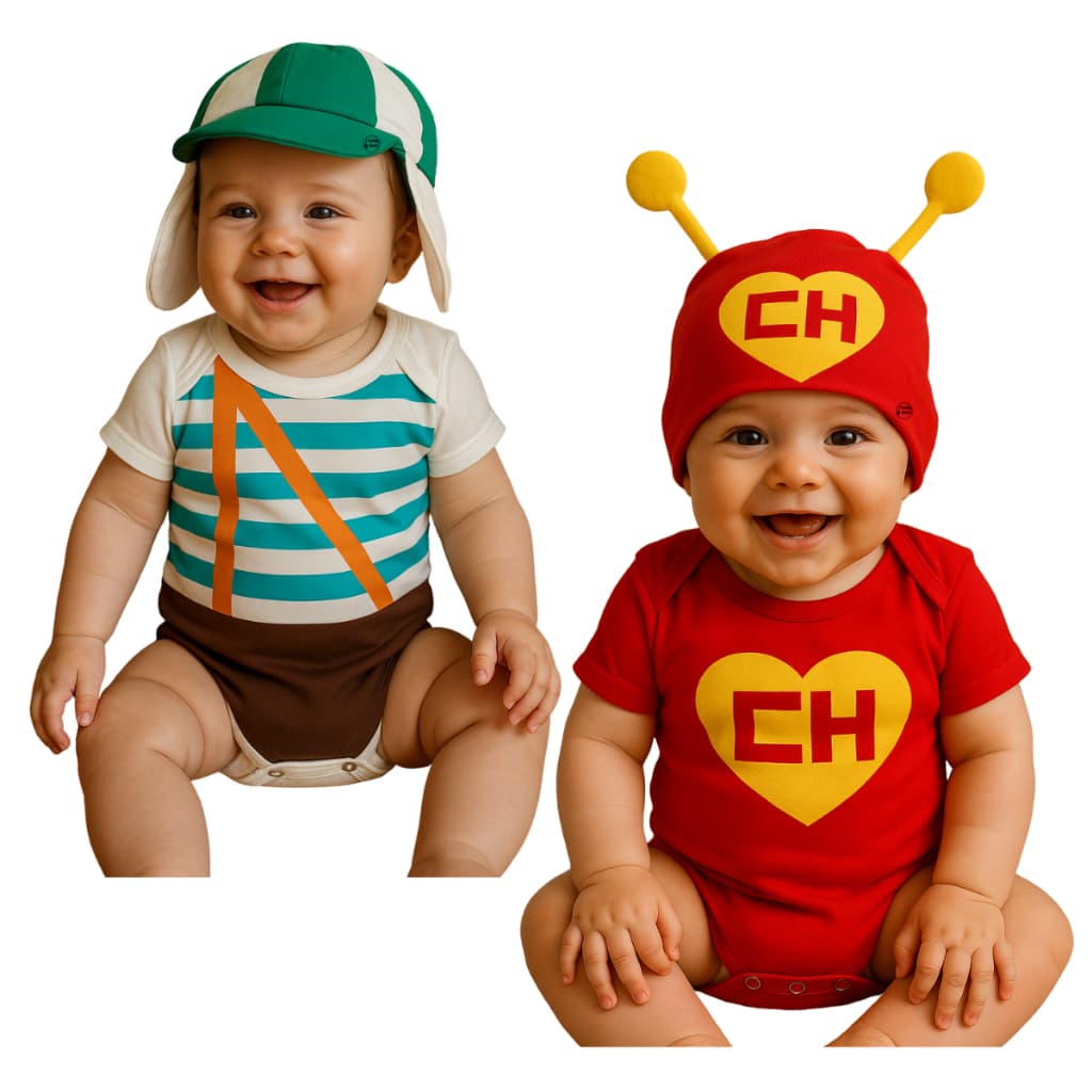 Kit Body Bebê Mesversário Menino Personalizado Chaves + Chapolin Colorado + boinas gêmeos