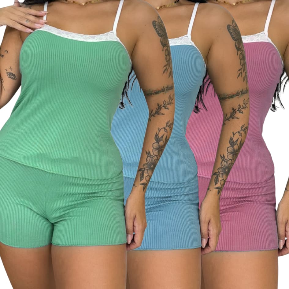 Kit 3 Pijamas Short e Blusa Renda Feminino Confortável