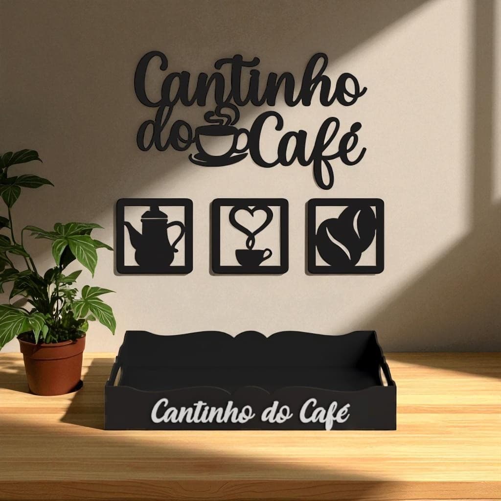 Kit Bandeja Café da Manhã + Cantinho do Café + Quadro Café MDF - Decoração Sala Cozinha Mesa Copa