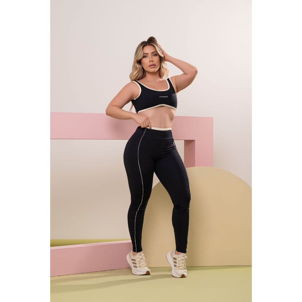 Conjunto Feminino Zero Transparência Calça Legging Poliamida Toque Alta Compressão detalhes branco