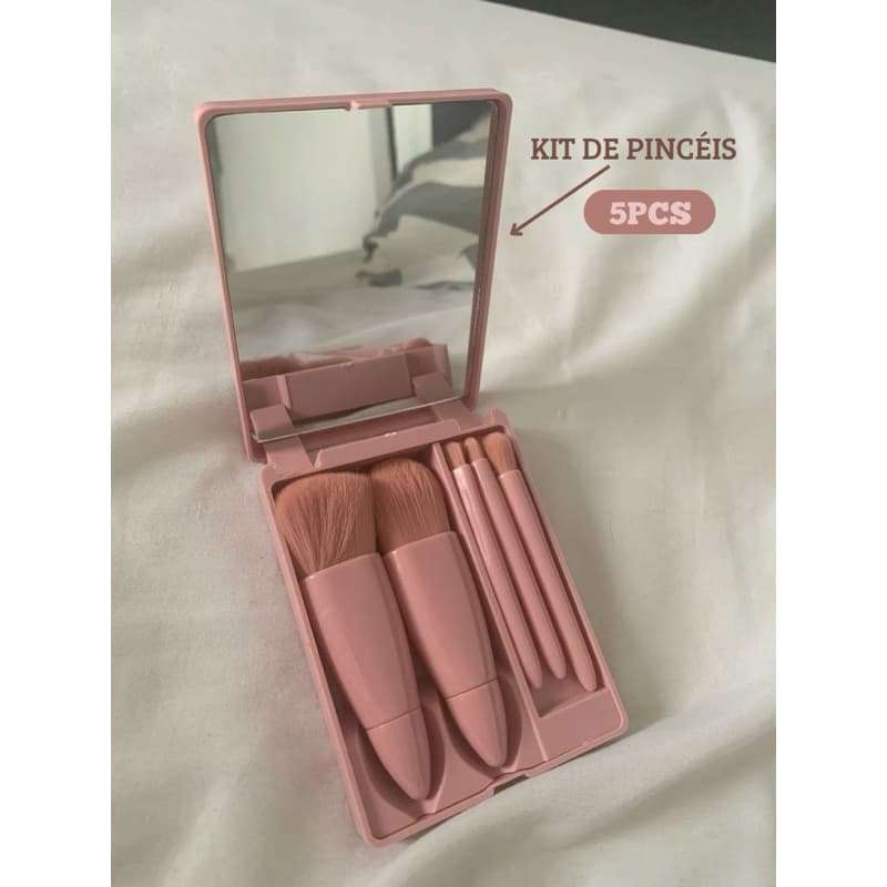 Kit de Pincéis de Maquiagem Portátil 5 Peças com Estojo e Espelho Compacto e Prático