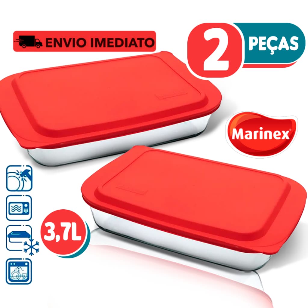 Kit 2 Assadeiras Marinex Retangular 3,7L com Tampa – Vidro Refratário Lasanheira Forno Cozinha