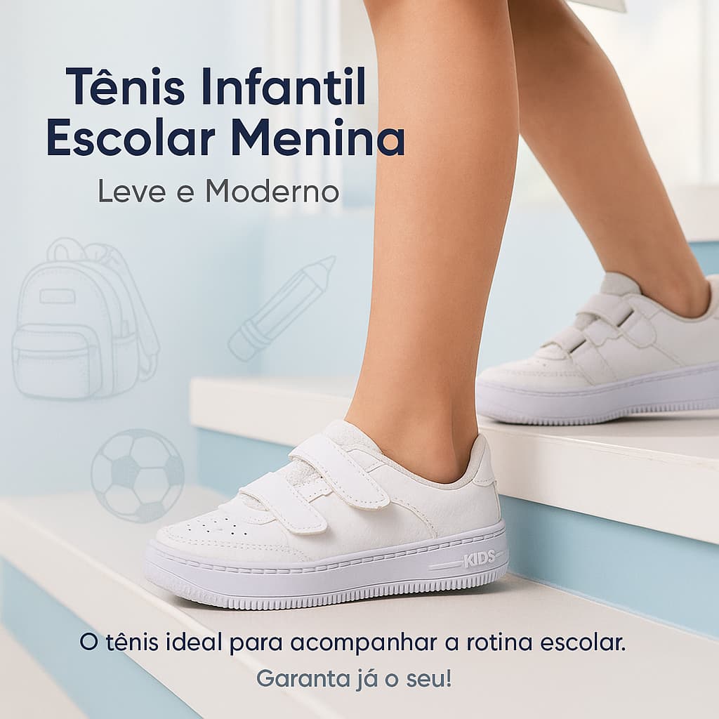 Tênis Velcro Branco Escolar Infantil Menina - Leve e Moderno - 20 ao 33 Pronta Entrega