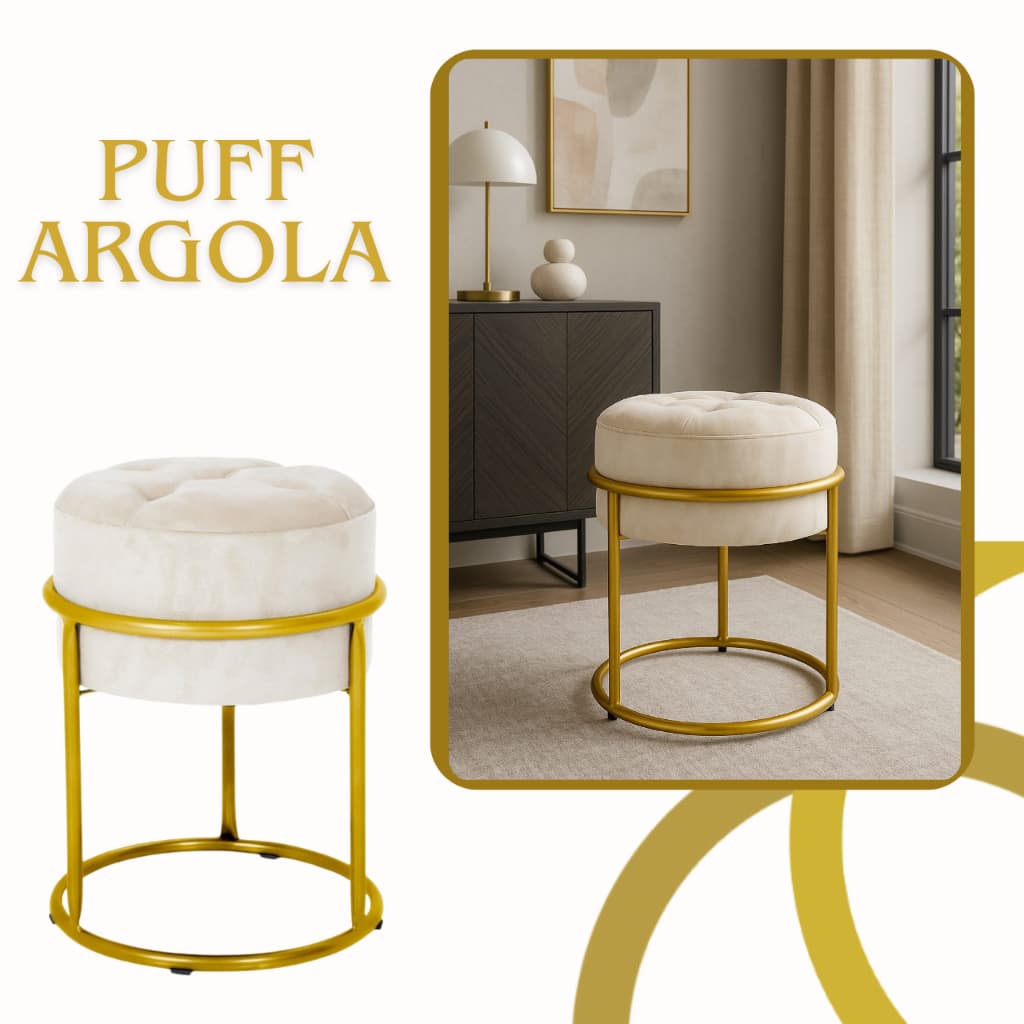 Puff Redondo Ferro Argola Tubo Aço Pintura Eletrostática Tecido Veludo Decoração