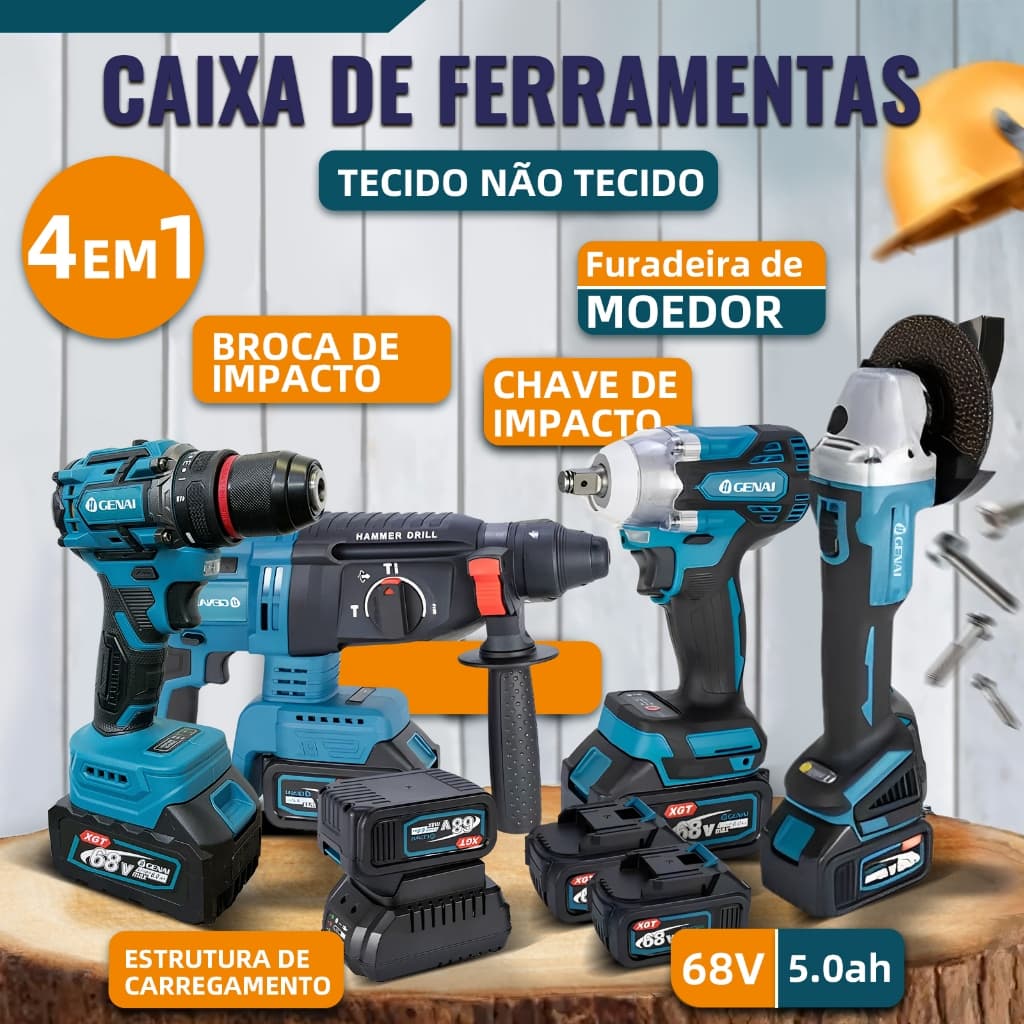 🔥【GENAI】🔥Kit de ferramentas 4 em 1 Furadeira, Chave de fenda/Chave de impacto/Amolador/Martelo 2 baterias de 68 V Caixa