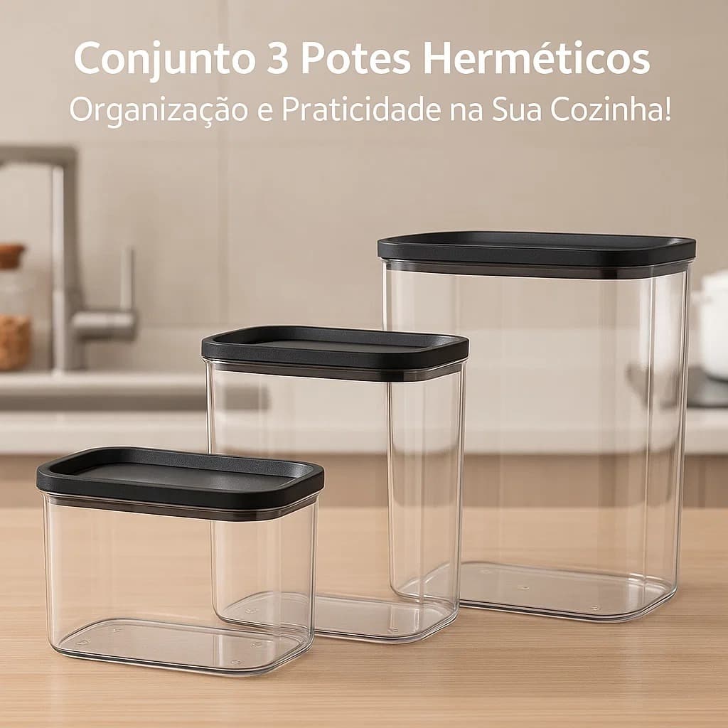 Conjunto Kit 3 Potes Herméticos de Plástico Organizador Cozinha Tampa Vedação Silicone BPA Livre Micro-ondas Freezer