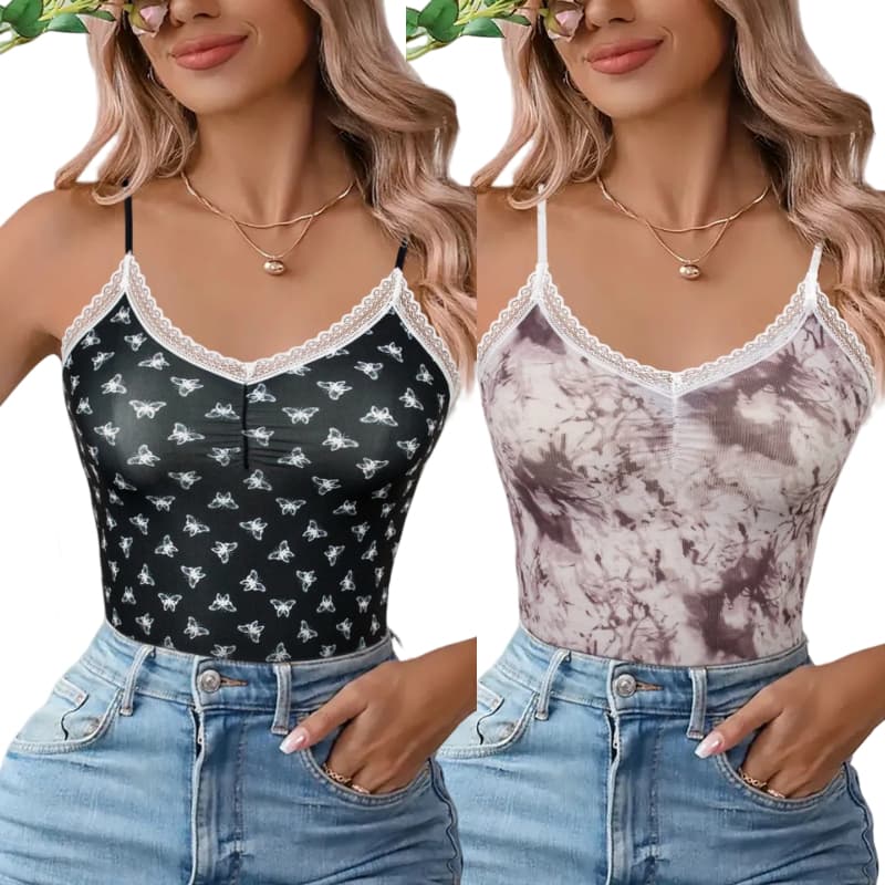 Regatas Feminina Slim c/ Alça Fina em Poliamida - Cores Variadas Tie-Dye Decoração de Renda Casual 9252