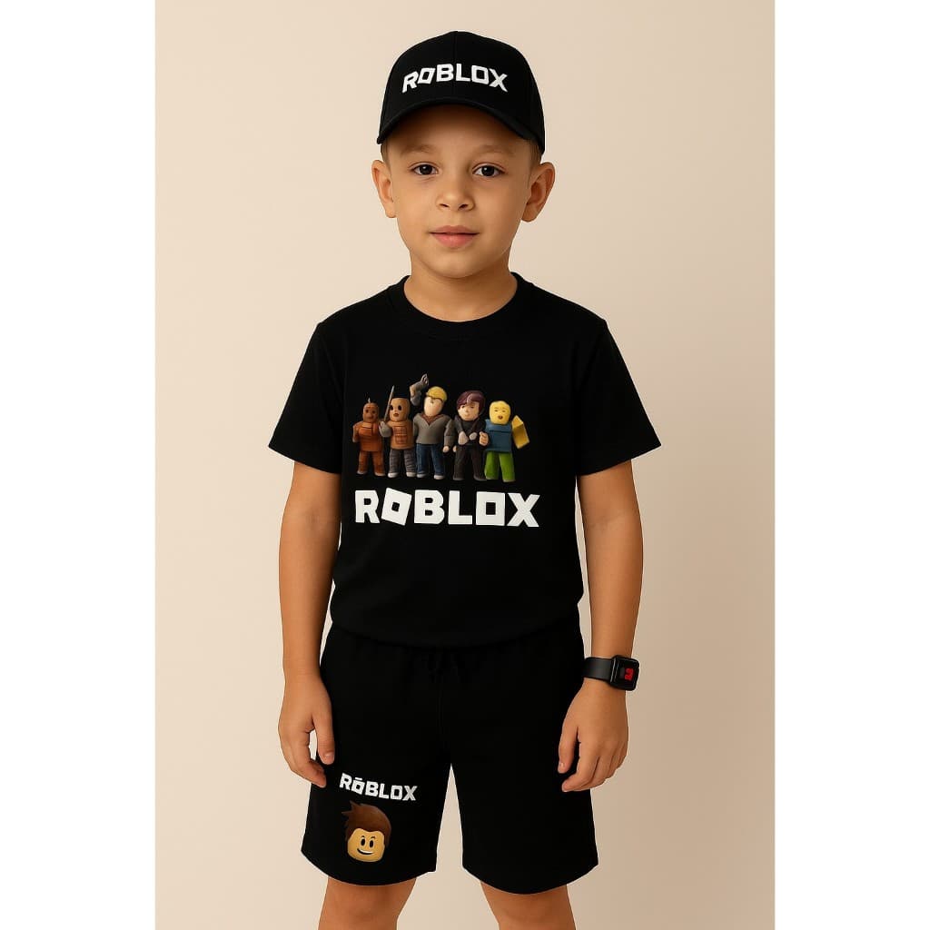 Conjunto Infantil Roblox Jogo Camiseta 100% Algodão Short Moletinho Boné e Relógio Menino