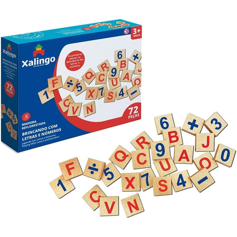 Brincando com Letras e Números Xalingo – Jogo Educativo 72 Peças em Madeira Infantil - Alfabeto