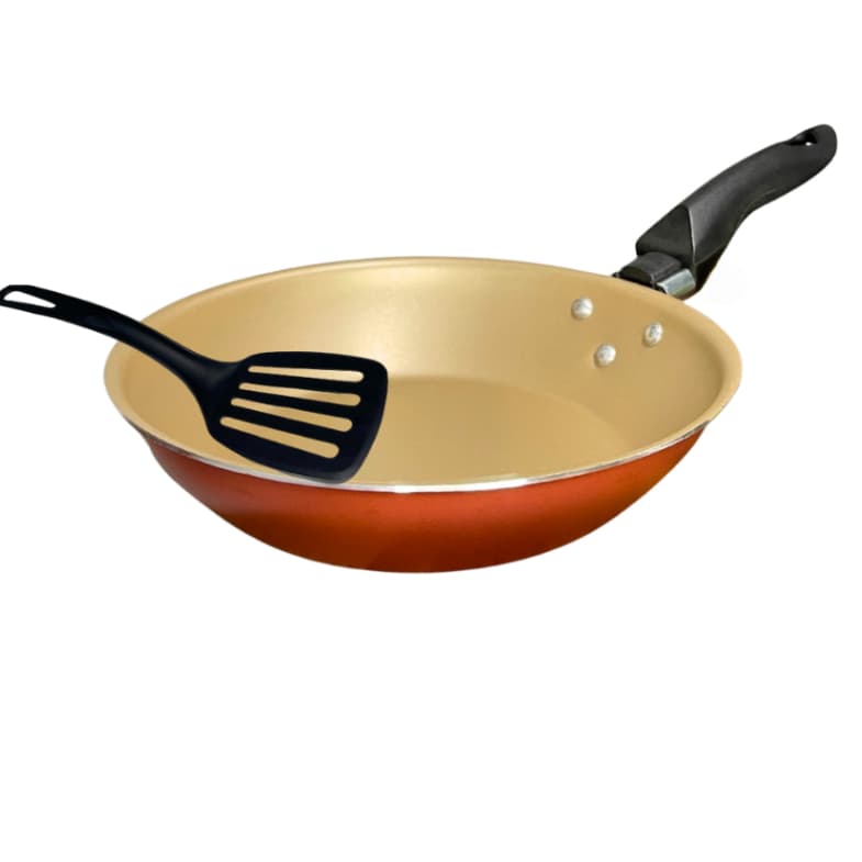Frigideira francesa 18cm antiaderente teflon com espatula cor cereja e dourado