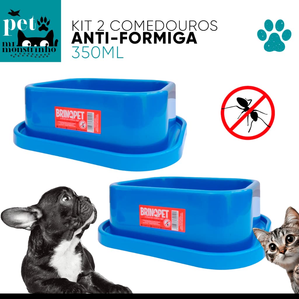 Kit Comedouro Bebedouro Retangular com bordas Anti-formiga para Cachorro Gato Filhote - 350ml
