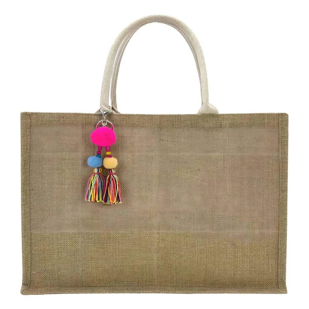 Bolsa de Praia Palha Juta Feminina Quadrada Grande Alça de Corda Impermeável e Chaveiro