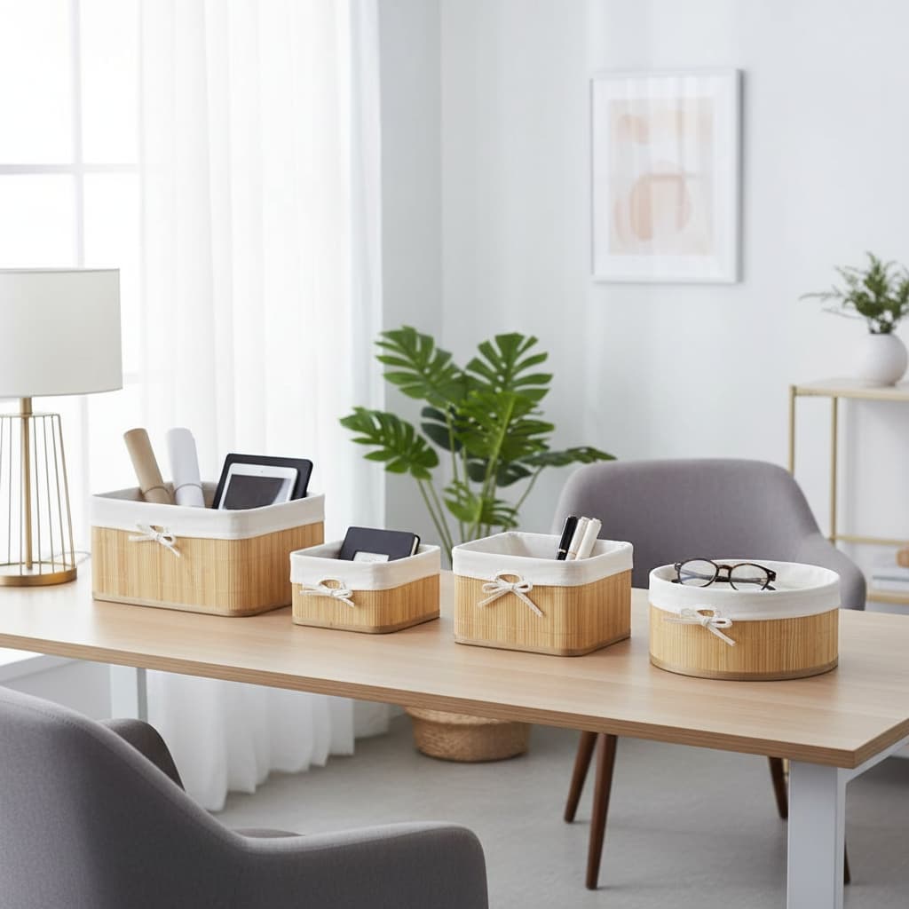KIT 4 Cestos Organizador Bambu Multiuso Natural Elegante Moderno Sustentável com Forro