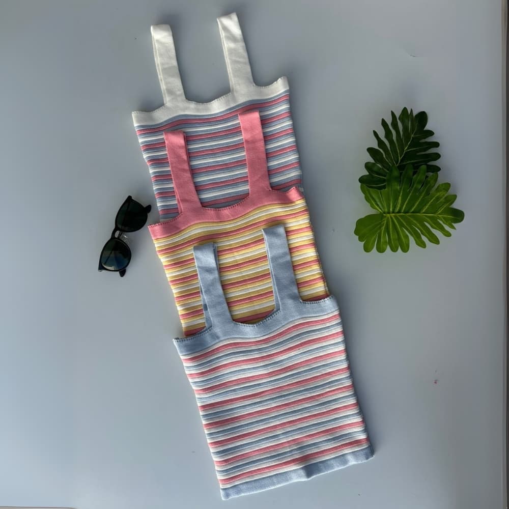 Kit de 3 Blusa Cropeed de Tricô Listrado Colorido Alcinhas Largas Feminino Verão Primavera