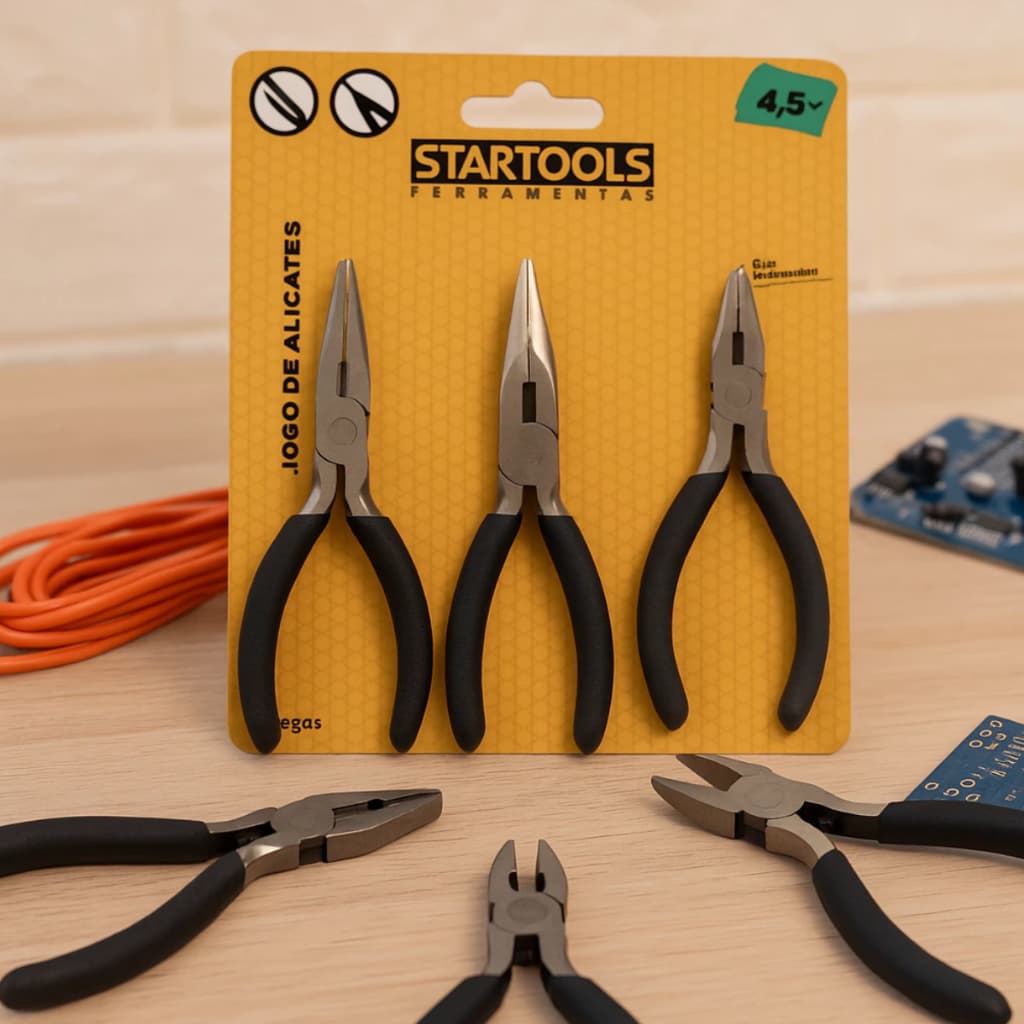 Jogo 3 Mini Alicates Corte, Bico e Universal 4,5'' Aço Carbono com Mola ideal para uso Profissional