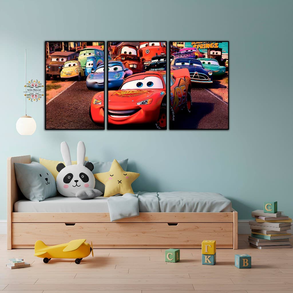 Quadros Decorativos 3peças Infantil Menino Carros McQueen Para Quartos.
