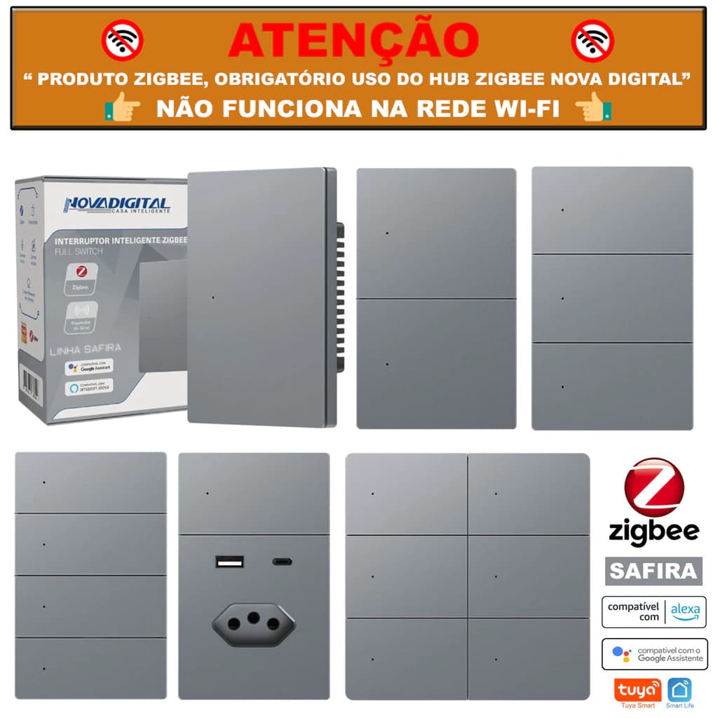 Interruptor Tecla Fisica 1 a 6  Botões Zigbee NovaDigital Grafite - Cinza LINHA SAFIRA MODELO NOVO
