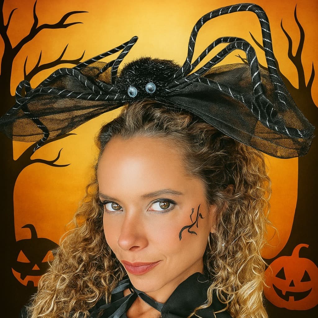 Tiara Halloween Aranha Gigante com Laço de Tule e Pernas com Prata – Fantasia Cosplay mulher