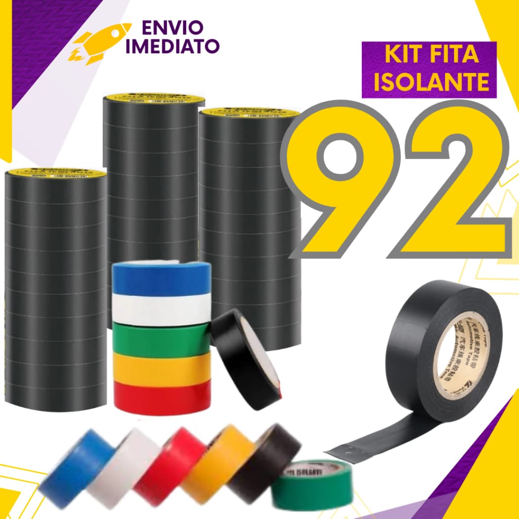 Kit 92 ou 32 un - Fita Isolante AntiChama Preto Vermelho Azul Amarelo Verde Branco Fio Isolamento