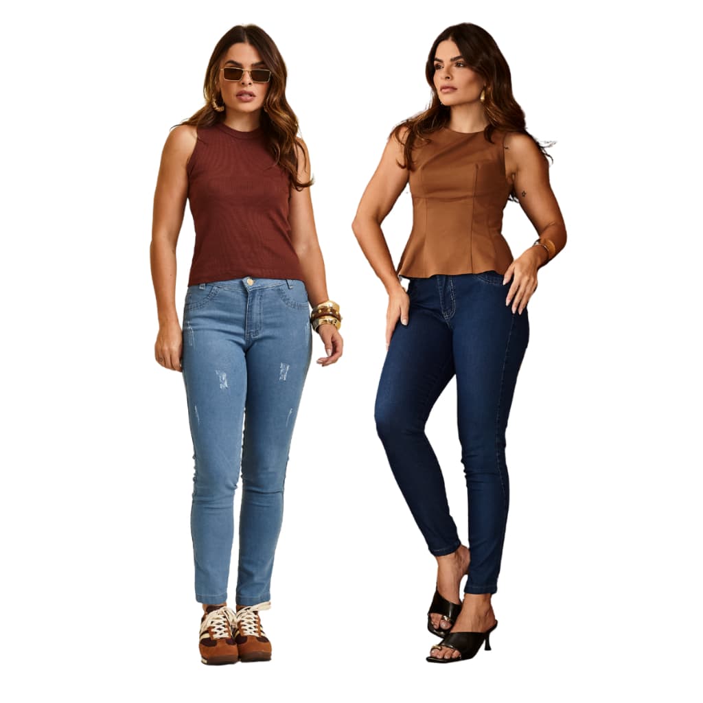 Kit com 2 calças jeans feminina com lycra skinny justa moderna versátil empina bumbum Ref: 414