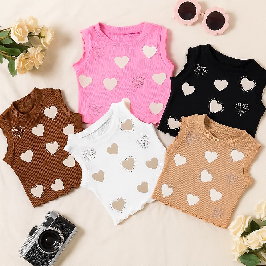 Blusinha Infantil Estampa de Corações com Stras Regata Tecido Canelado Moda Gringa