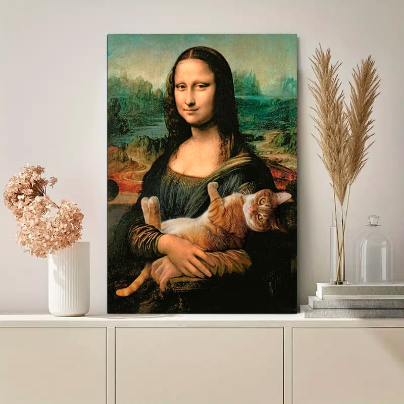 Quadro Mona Lisa Gato Meme 1 Peça - Arte Divertida em para Decoração de Banheiro, Sala, Quarto