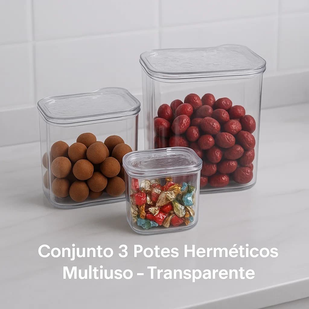 Conjunto Kit 3 Potes Hermético Multiuso com Tampa Transparente Cozinha Plástico Organizador de Alimentos