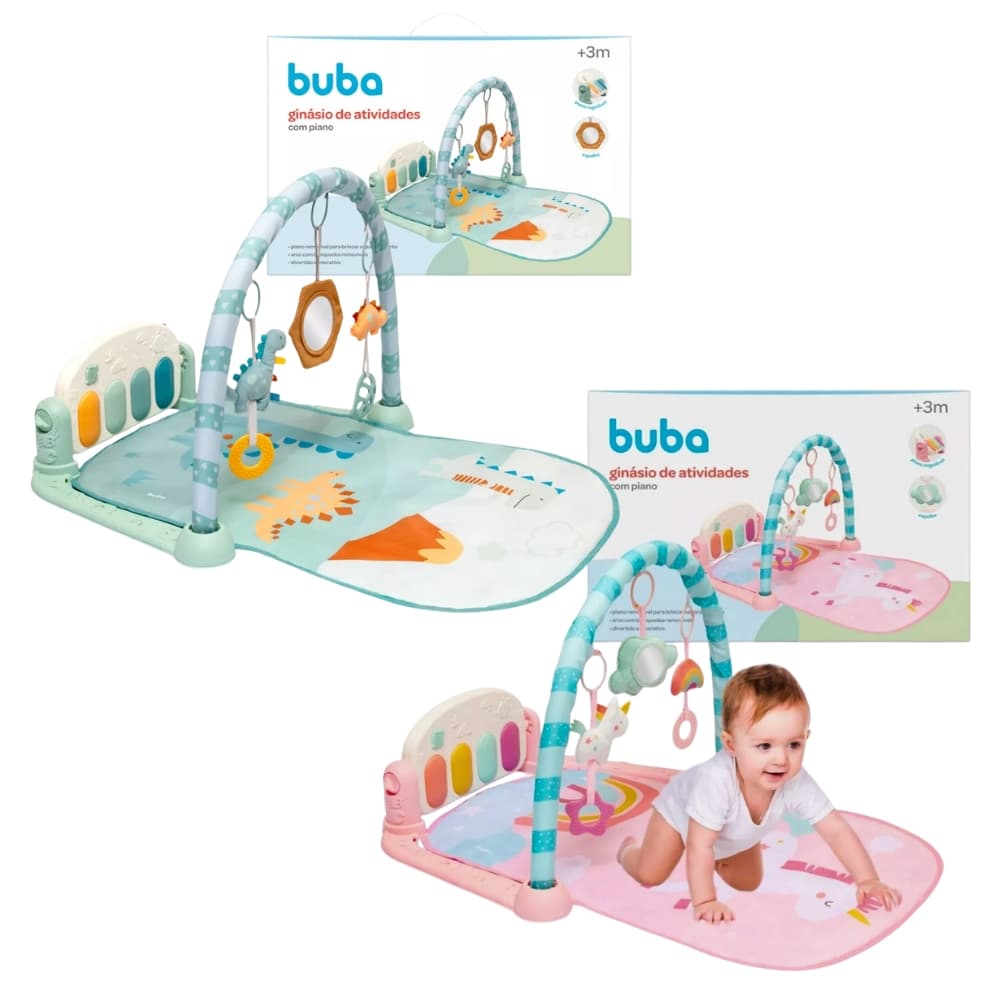 Ginásio de Atividades Tapete Infantil com Piano para Bebê Unicórnio Rosa / Dinossauro Verde Buba