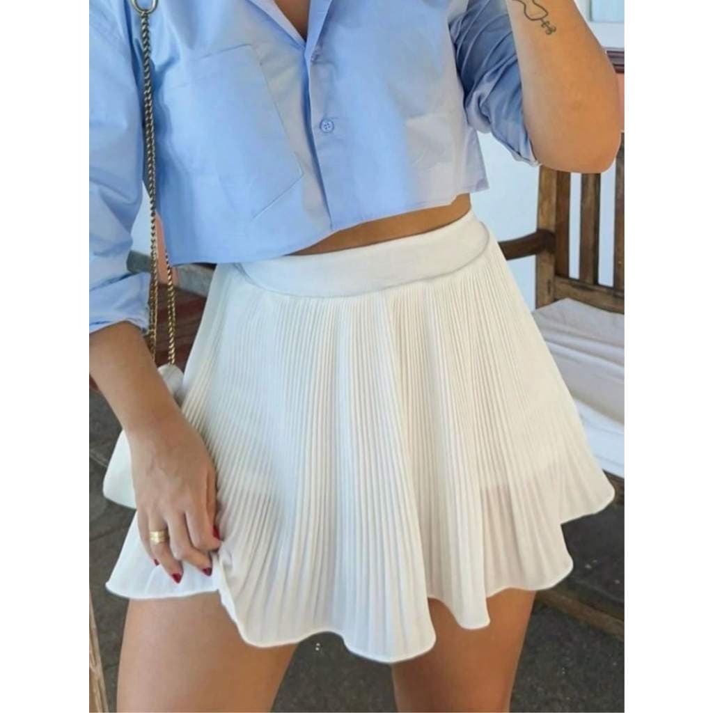 Short Saia Feminino Plissada Colegial Curta Rodada Babado Cintura Alta Moda Feminina Blogueira Tendência Primavera Verão