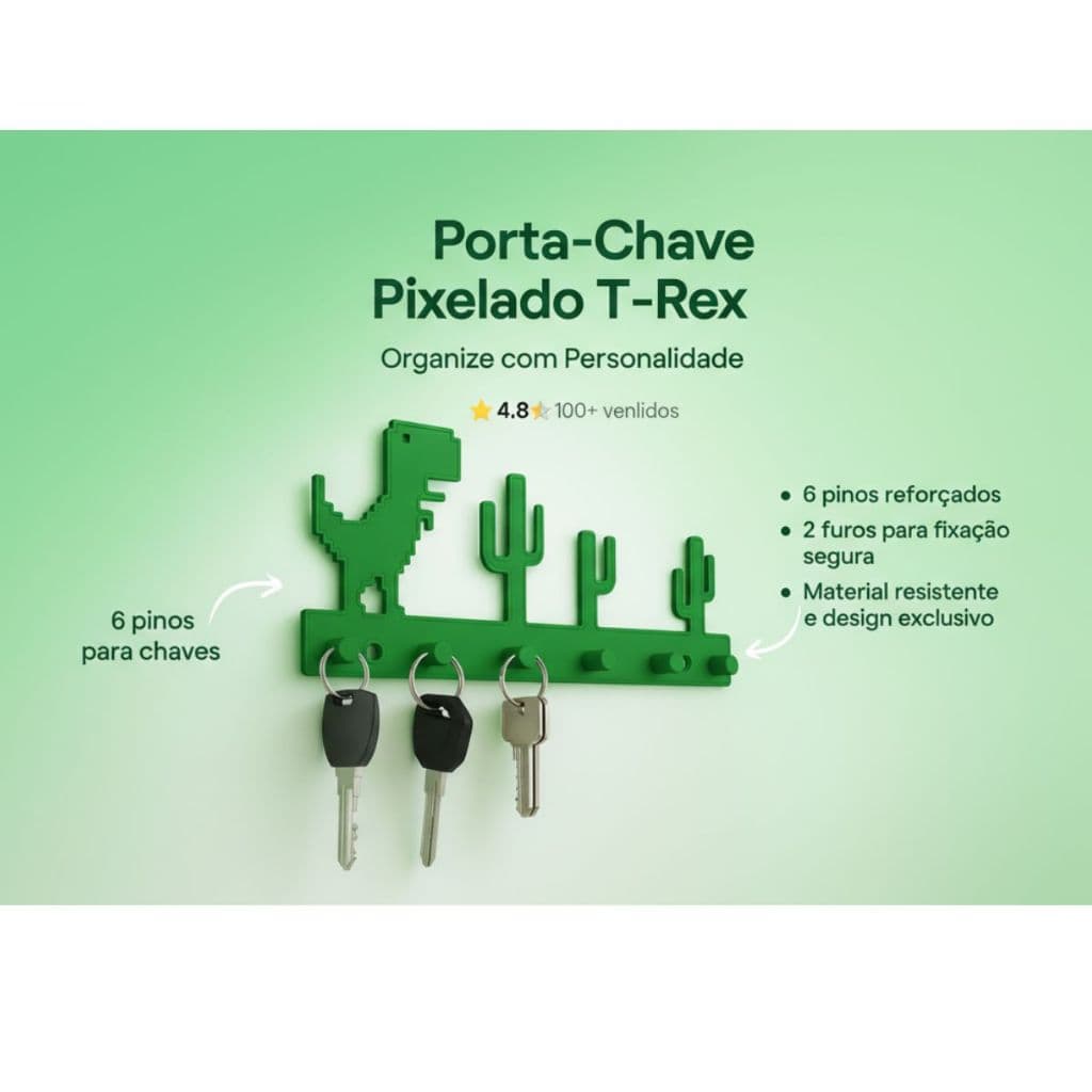 Porta-Chaves de Parede 18x9cm – Google Dino Offline - Decoração Criativa Geek