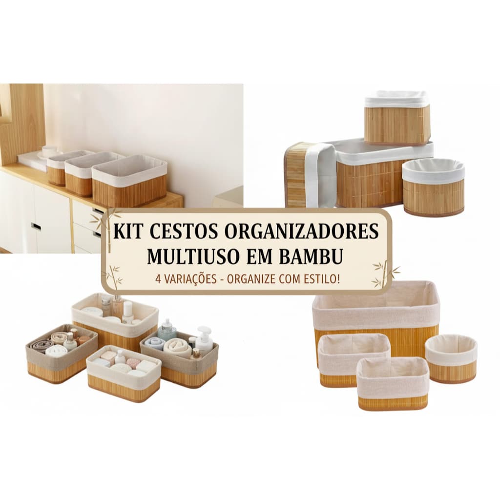 Kit Cestos Organizadores Multiuso em Bambu | 4 Variações | Cesta Grande Média Pequena Decoração Banheiro Quarto Sala