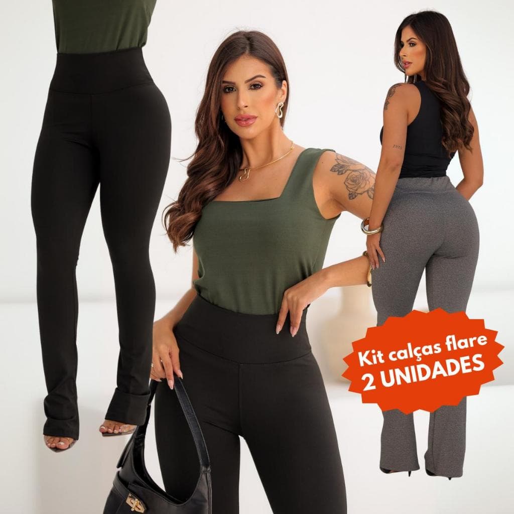 Kit 2 Calça Flare Bailarina Feminina Poliamida Legging Boca De Sino Cintura Alta Modela Bumbum
