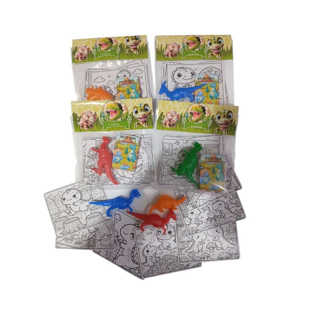 Kit com Cards para colorir + Giz de Cera + Brinquedo personalizado para festa de Aniversário-Dinossauros Lembrancinha