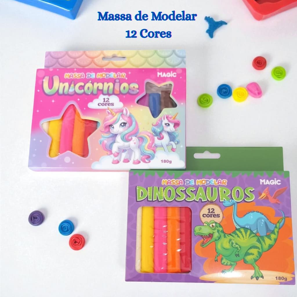 Massinha de Modelar 12 Cores Unicórnios ou Dinossauros 180g Magic