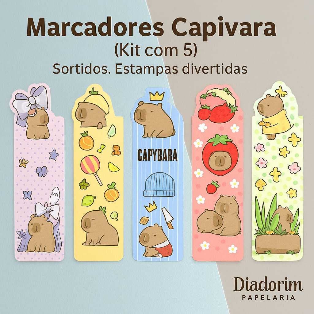 📖✨ Kit 5 Marca-Páginas Sortidos – Estampas de Capivara 🐾