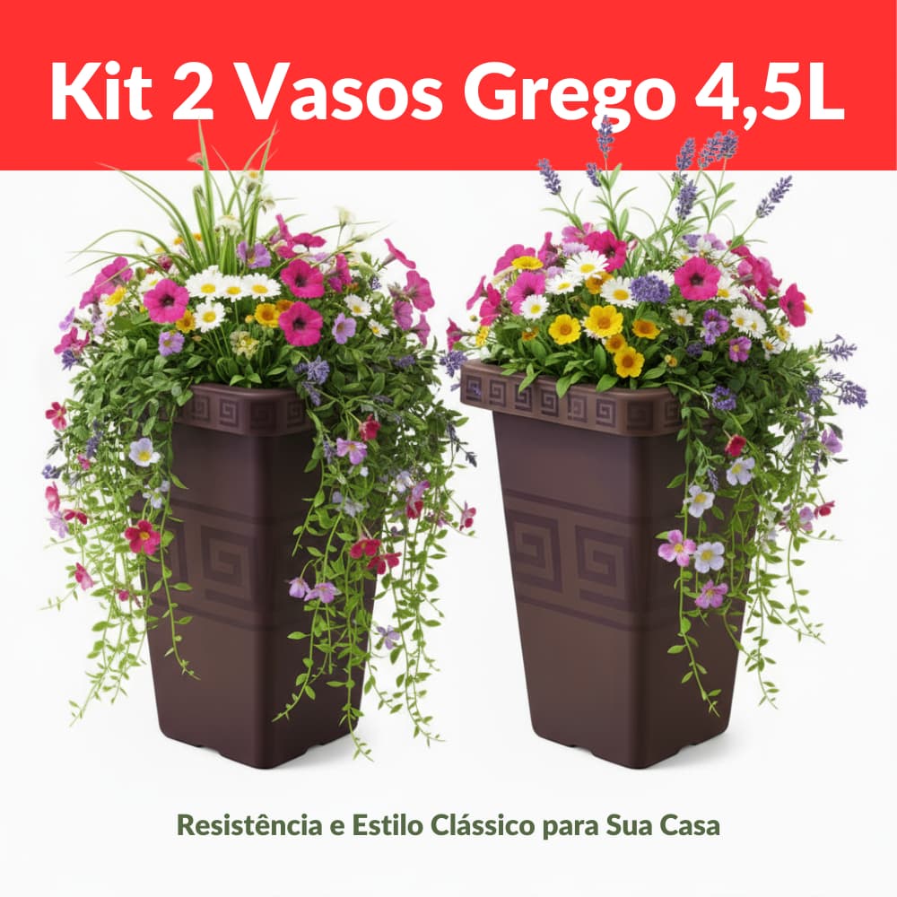 Kit 2 Vasos Grego 4,5 Litros Quadrado Plástico Resistente Decoração Jardim Plantas Casa Flores