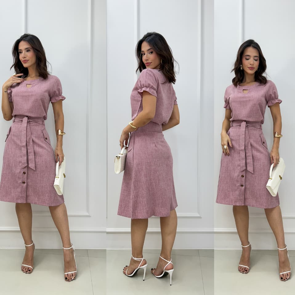 Conjunto Tamara Camisa Decote Gota Saia Evasê Linho Moda Evangélica