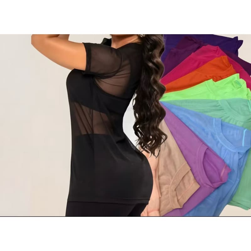 Blusa  de Tule Manga Curta Camiseta Academia Treino