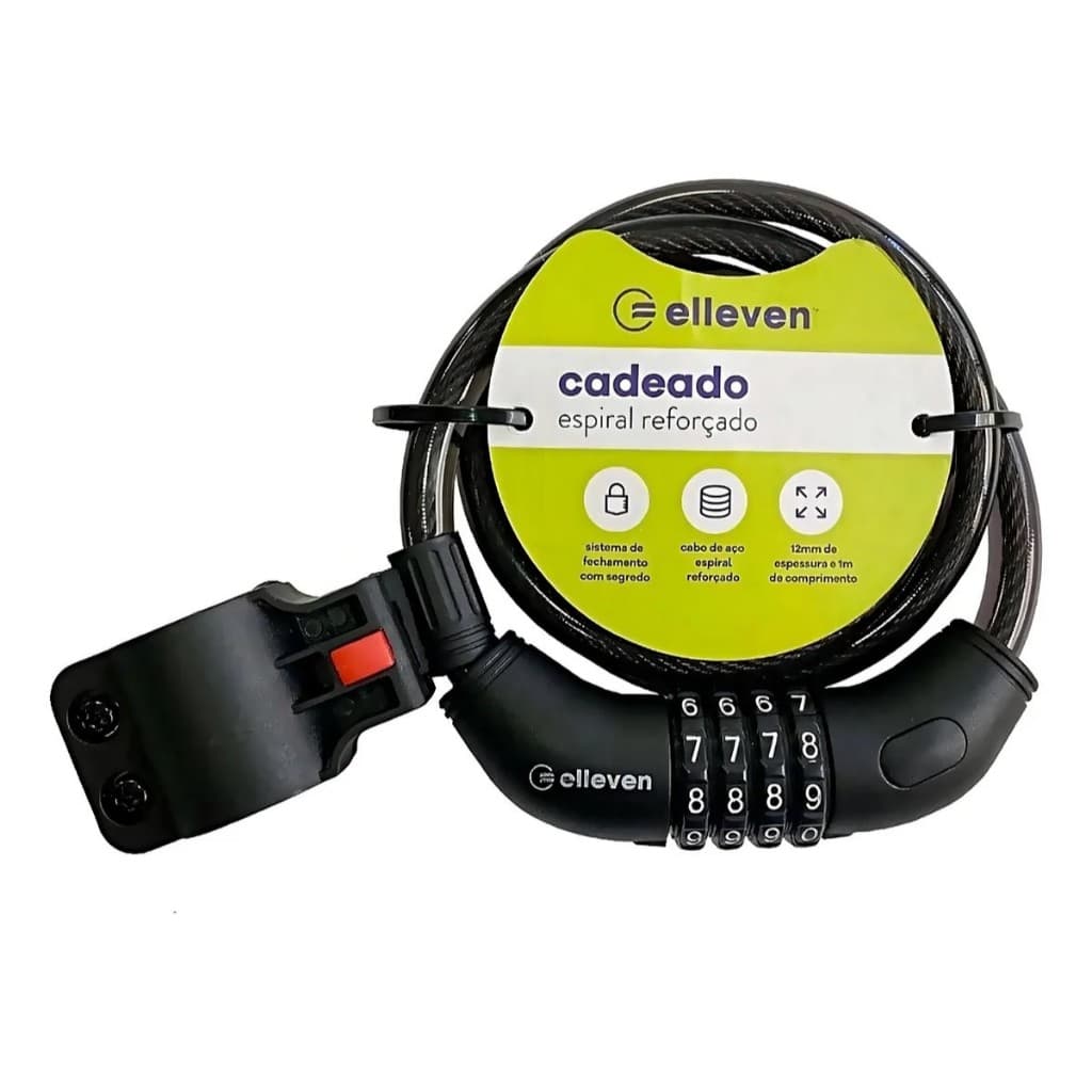 Cadeado reforçado Corrente com segredo Bicicleta, moto, portão  Elleven Espiral 1m X 12mm C/ Suporte