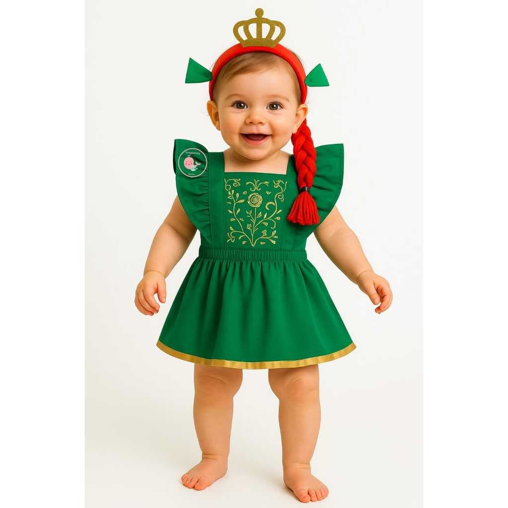 Salopete Romper Vestido Fiona coroa trança vestidinho menina fantasia princesa ogra bebê