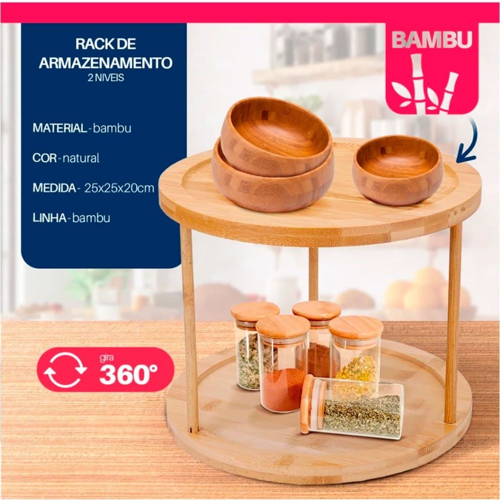 Organizador Giratorio 2 Andares Bambu Suporte Porta Temperos Cozinha Banheiro Armario Bancada
