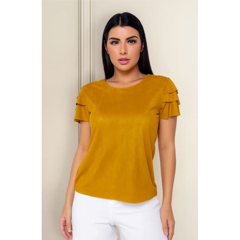 Blusinha Babado Suede Manga Curta T-shirt Casual Feminina Roupa Aveludada Moda