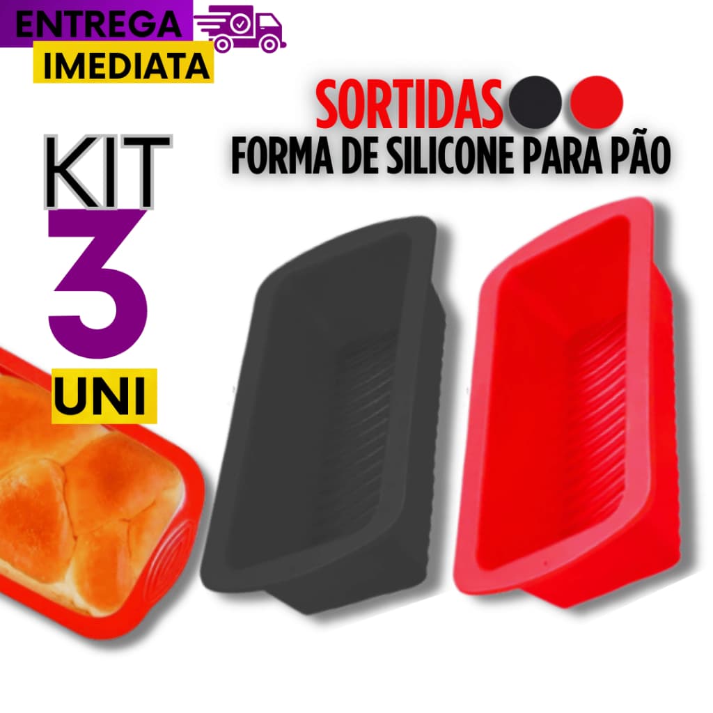 Jogo 03 -  Forma de Silicone 26x13cm Multiuso Silicone Retangular Vermelho ou Cinza Uso Cozinha
