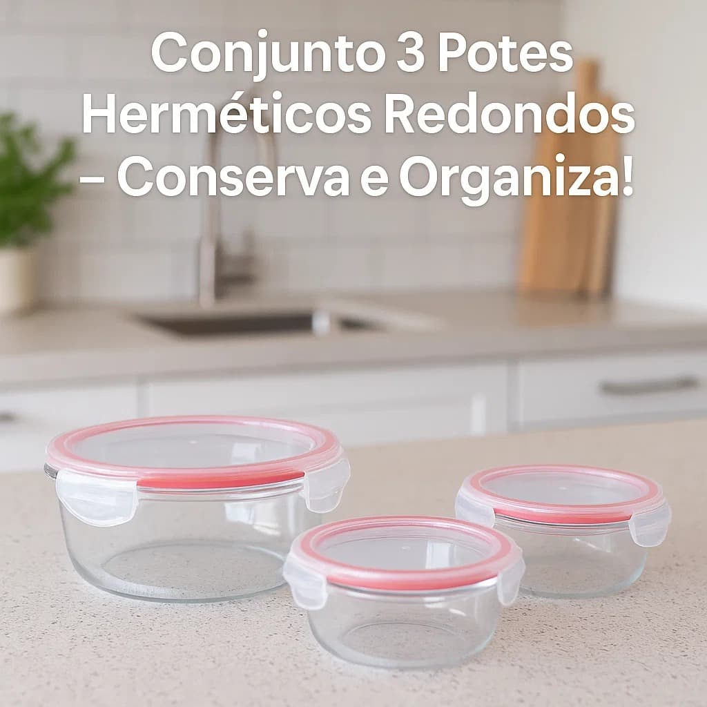 Conjunto Kit 3 Potes Herméticos Redondos Multiuso Tampa Cozinha Plástico Livre BPA Transparente Micro-ondas Freezer