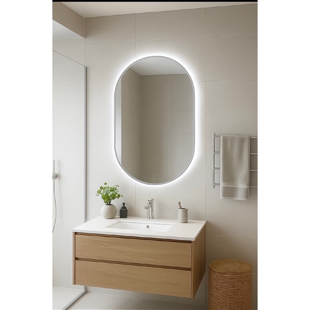 Espelho Oval 80x50 com LED Moderno – Vidro Lapidado, Design Elegante para Banheiro, Sala ou Quarto