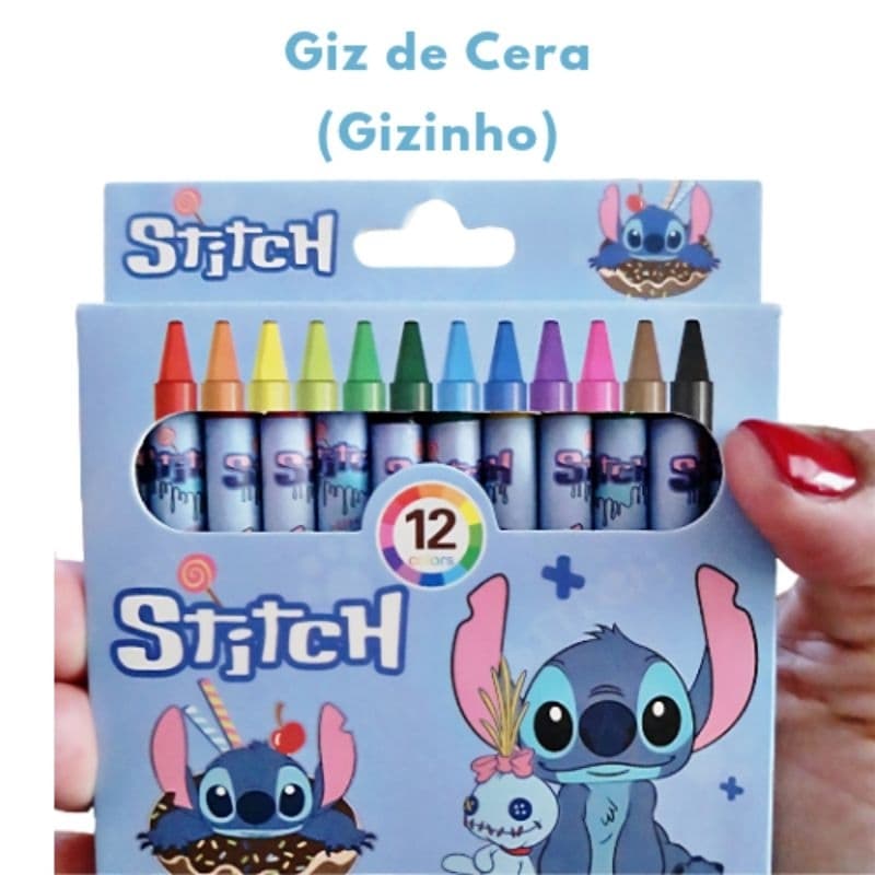 Mini Giz de Cera 12 Cores Stitch Kawaii | Material Escolar Fofo Crianças Desenho