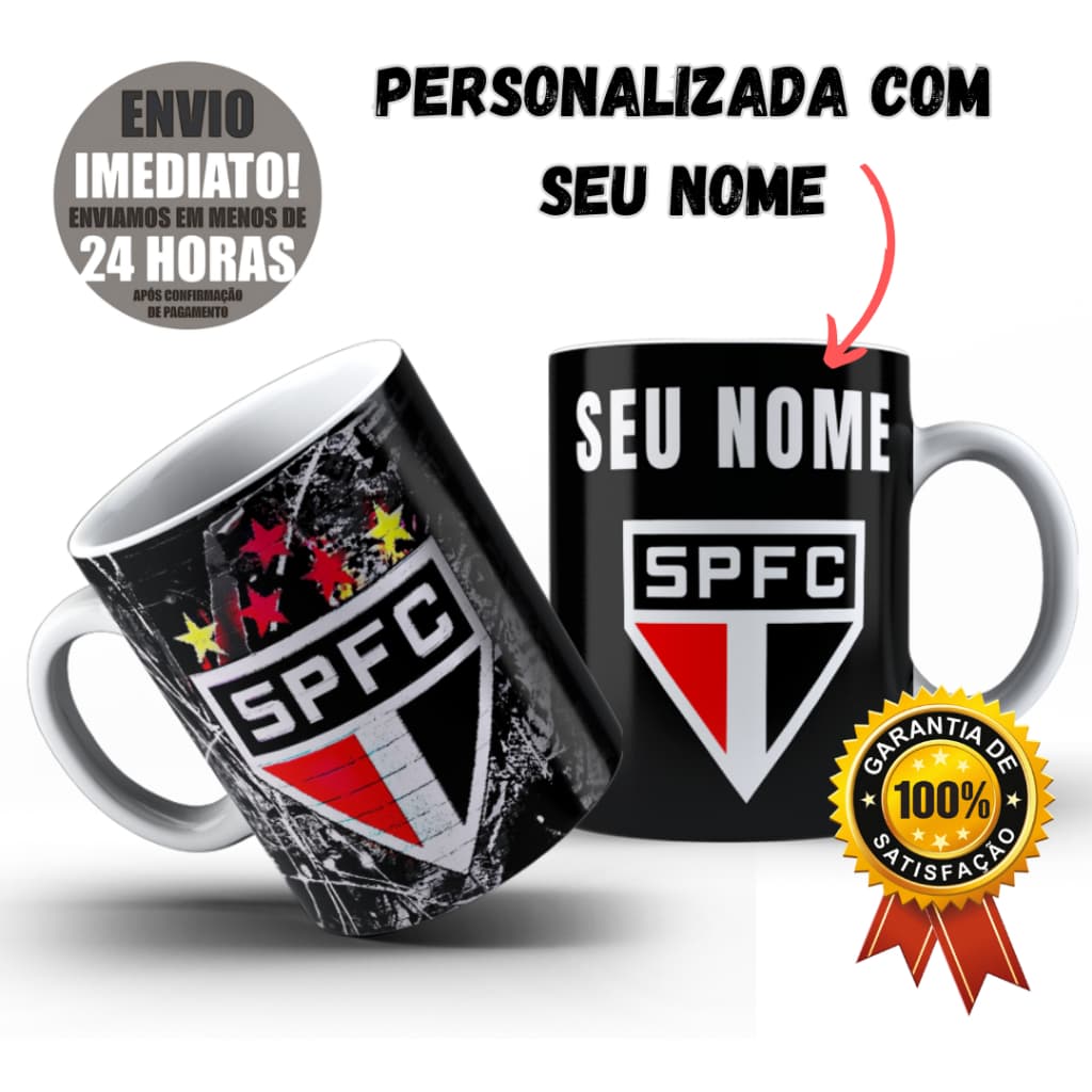 Caneca Xícara Personalizada COM NOME São Paulo Time de Futebol Porcelana ou Plástico Polímero Envio Rápido 24h