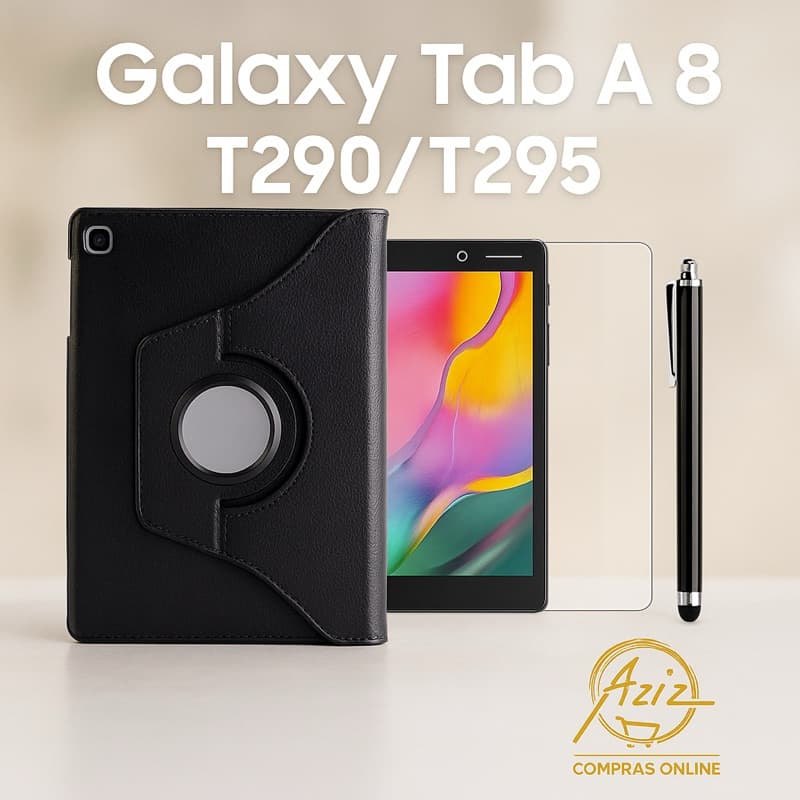 Kit Completo para Galaxy Tab A 8.0” T290/T295 2019 Capa 360° Giratória Premium+Película de Vidro Temperado+Caneta 2 em 1