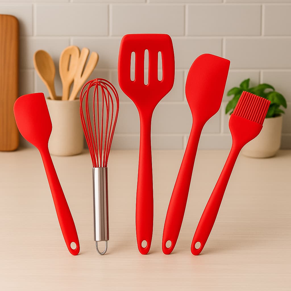 Kit Utensílios de Cozinha em Silicone 5 Peças Vermelho Espátula, Fouet, Pincel, Colher e Escumadeira Resistentes Calor